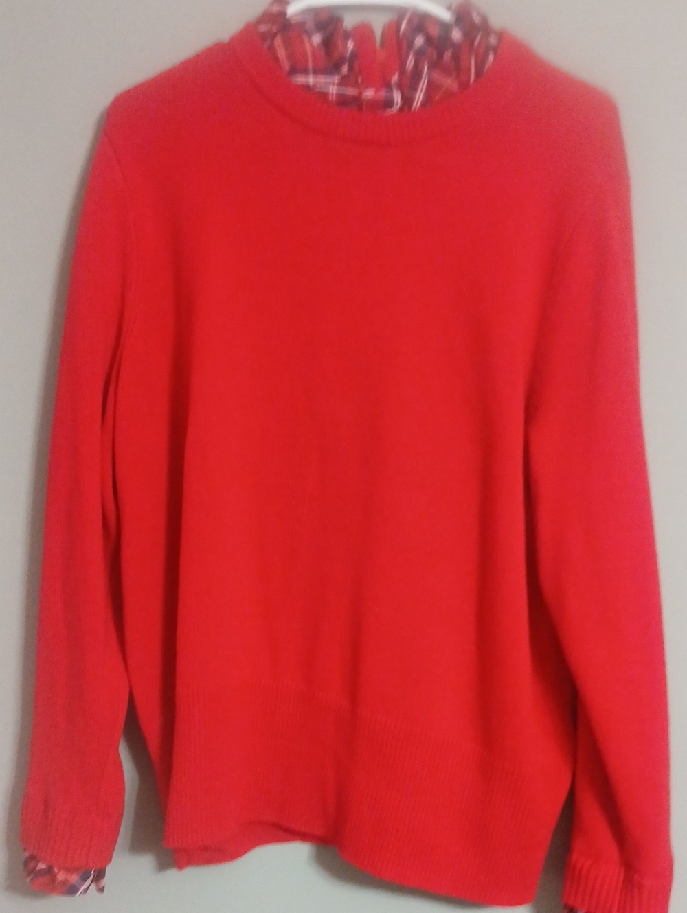 crown & ivy Red Crewneck Sweater with Plaid Trim